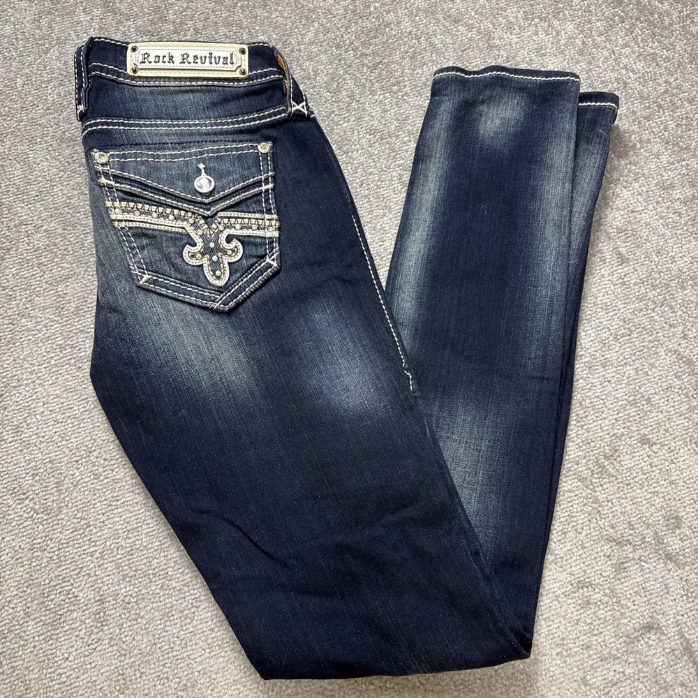 Rock Revival 27 Skinny Dark Wash Embellished Rhinestones Lam Distressed
